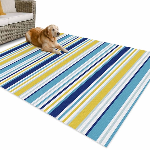 Outdoor Rug 4x6 ft Blue Yellow Stripe Waterproof Outdoor Patio Rug Mat Non Slip Outside Area Rugs Carpet for RV,Camping,Porch,Deck,Pool,Balconybackyard,Abstract Minimalist Geometric