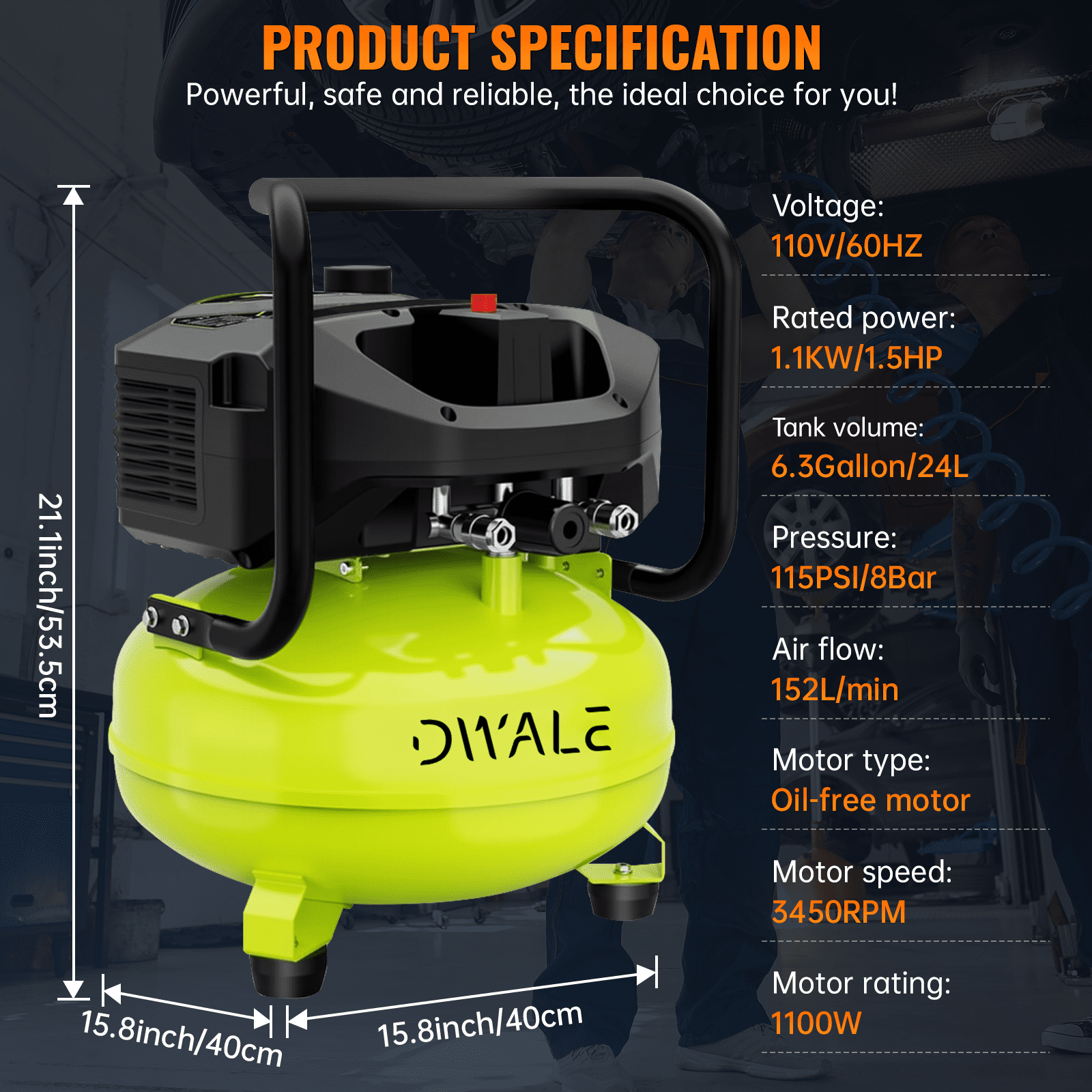 6.3 Gallon Air Compressor,1.5HP 3.2SCFM @90PSI Ultra Quiet and Oil-Free Air Compressor,115PSI Max Pressure,75 dBA Noise Level,Oil Free Compressor Tank for Auto Repair, Tire Inflation, Spray Painting