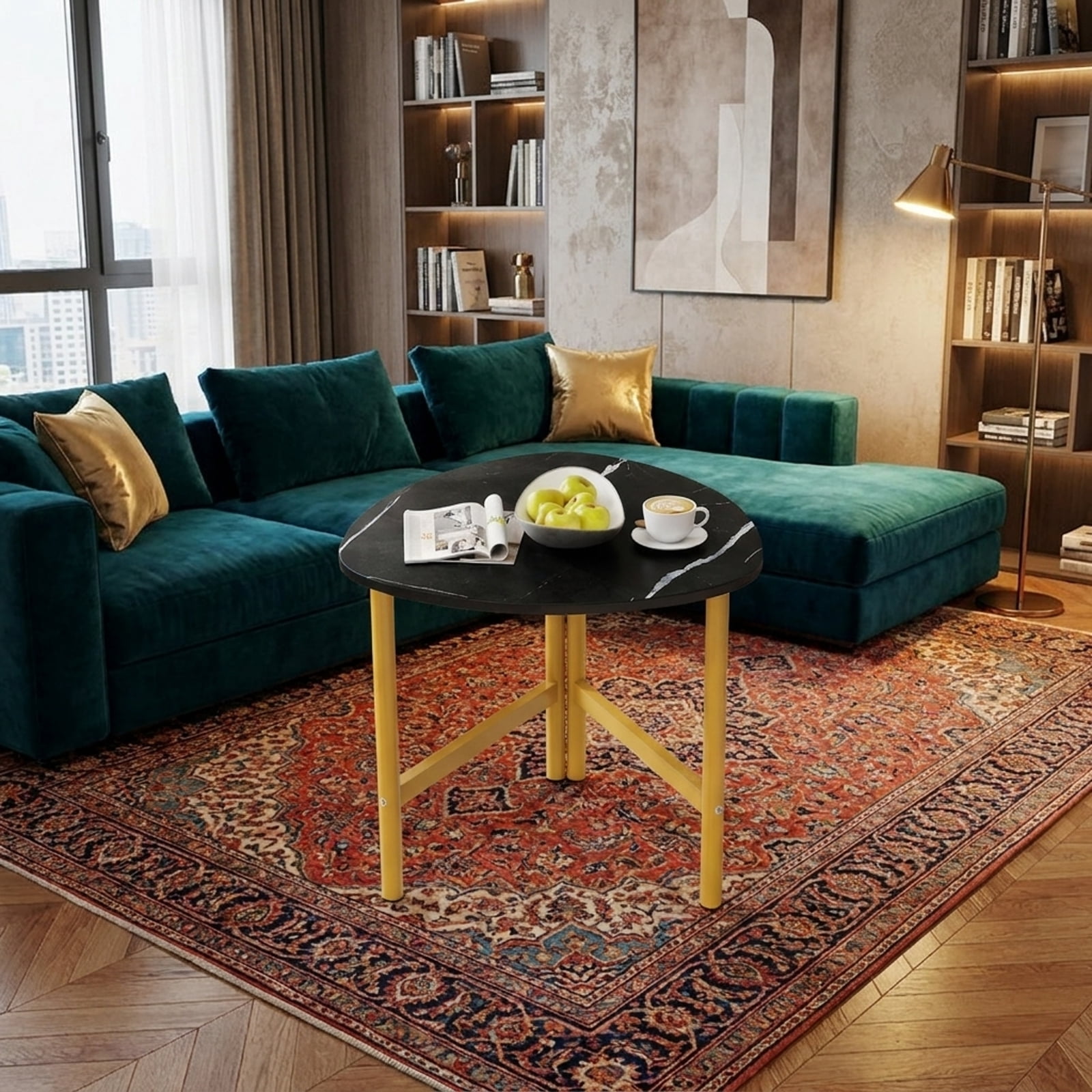 Furnibear Triangle Coffee Table Oval Coffee Table with Metal Legs Industrial Center Table - Black - Living Room Center Table