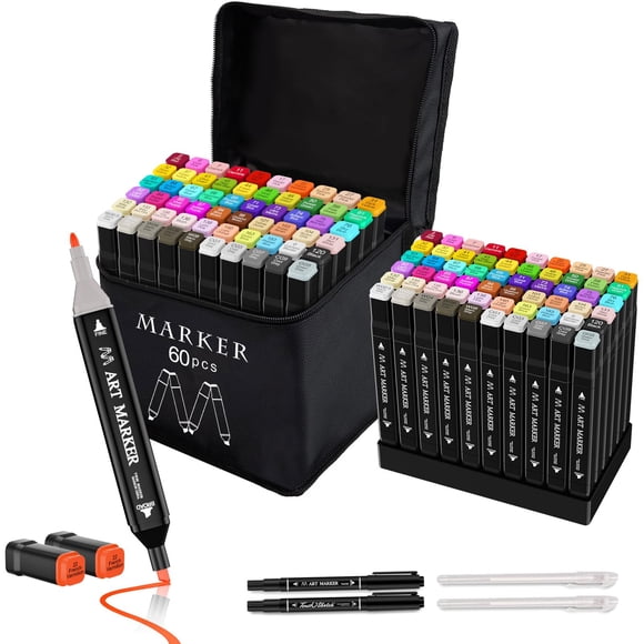 Juego de rotuladores de alcohol Banral, 60 colores, doble punta, con funda y soportes