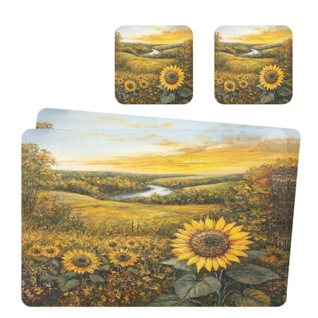 

Wobogo Oil Painting Of Sunflower Placemats Coasters Set of 2 Heat-resistant Non-slip Easy to Clean Square Dinner Plate Mat