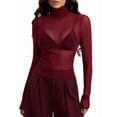 thumbnail image 2 of Top de Larga Ajustado de de Color Liso con Cuello Alto para Mujer, Camisa Transparente. Rojo Vino M, 2 of 7