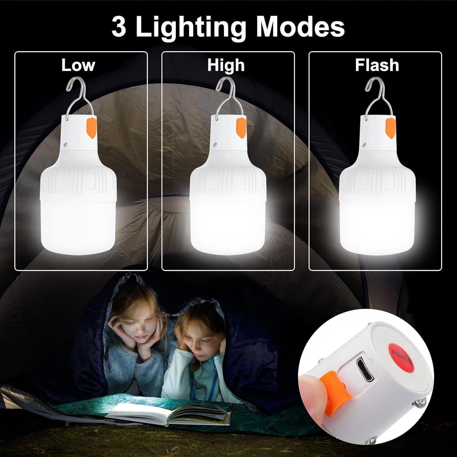 Camping Lantern, 2 Pack Rechargeable LED Tent Lamp Lights Bulb Portable Hanging 3 Lighting Modes 90W with Clip Hook for Camping, Hiking, Fishing, White