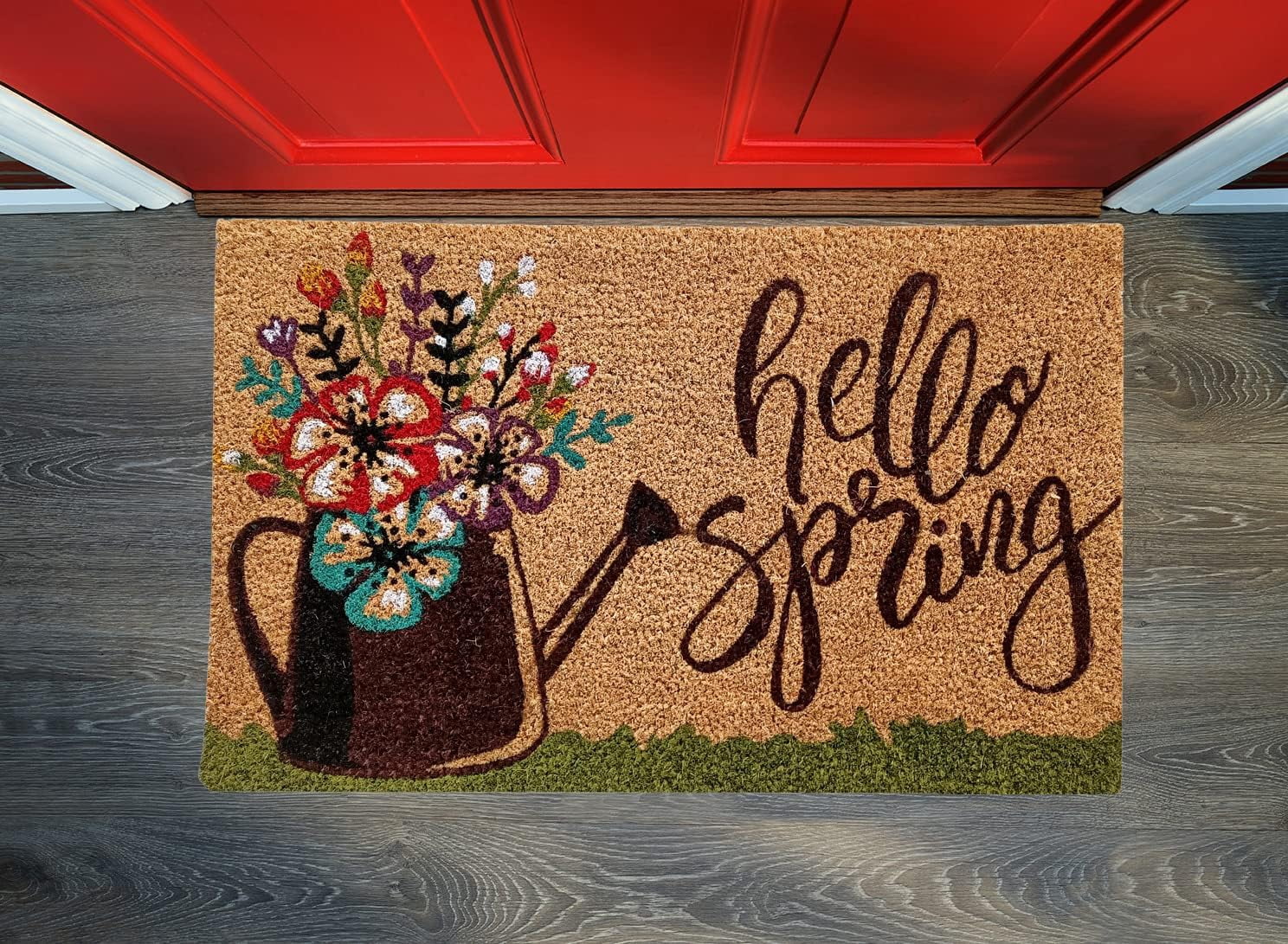 Kashi Home Printed Coir Fiber 18x28 Non-Slip Doormat, Durable Outdoor / Indoor Rug, Entryway, Front Door, Porch, Patio, Welcome Mat, Hello Spring, Floral Americana Decor (Hello Spring Watering Can)
