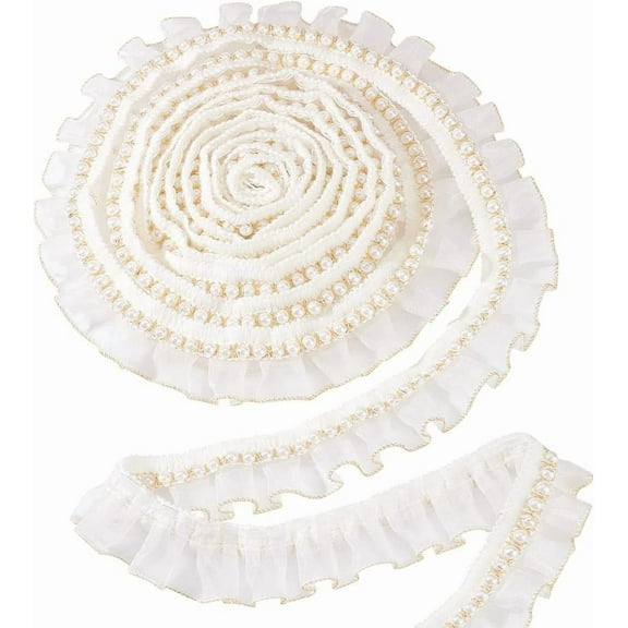 4 Yards White Pearl Lace Trim with Gold Edge Organza Ruffles Lace Ribbon Pleated Tulle Fabric Trim