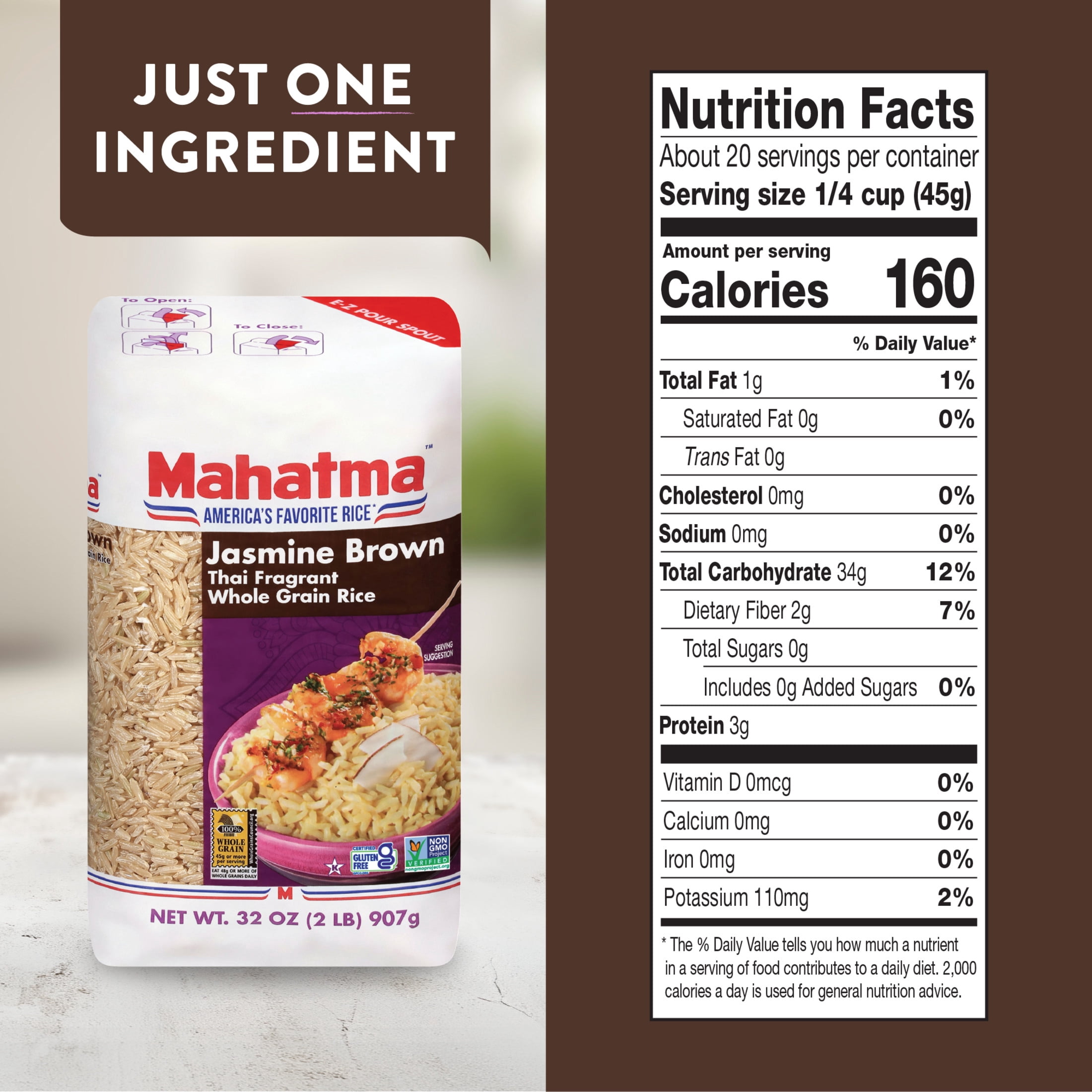 Mahatma Jasmine Brown Rice, Thai Fragrant Whole Grain Rice, 2 lb Bag