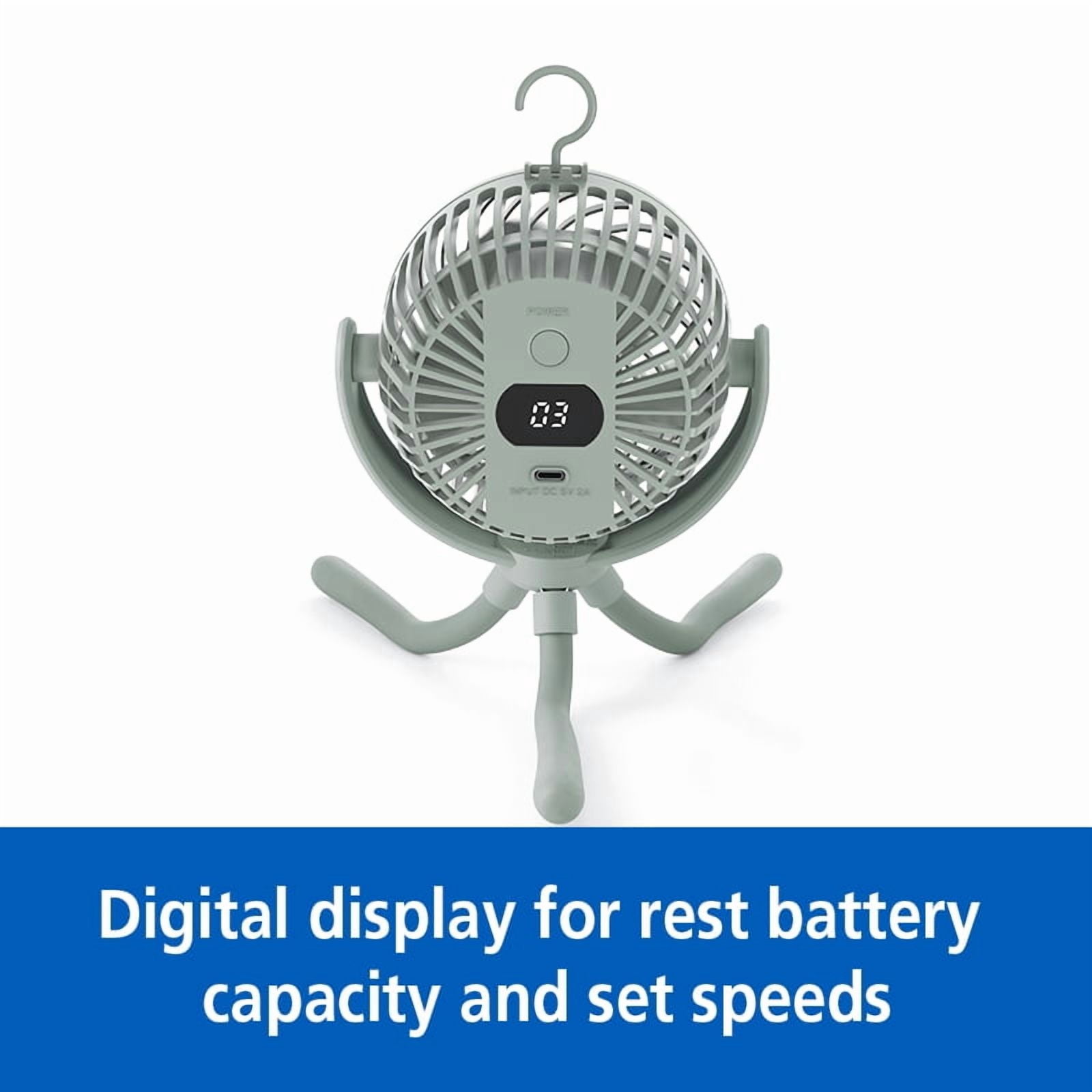 Mainstays 4" New 3-speed Portable Rechargeable Fan with Flexible Tripod and Digital Display, Green
