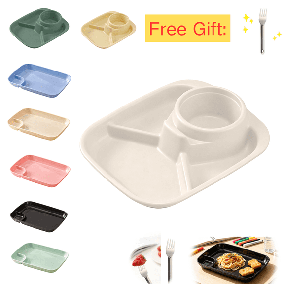 chaungfeng 10" Divided Plates Unbreakable Wheat Straw Dinnerware Lunch Trays, Lightweight Reusable Plastic Compartment Microwave Dishwasher Safe Separator Plates (White, with Fork)