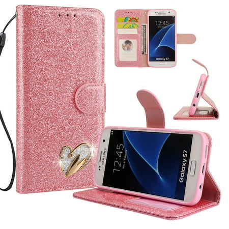 Galaxy S7 Case Wallet, Samsung Galaxy S7 Case, Allytech Glitter Folio Kickstand with Wristlet Lanyard Shiny Sparkle Luxury Bling Card Slots Slim Cover for Samsung Galaxy S7 (Pink)