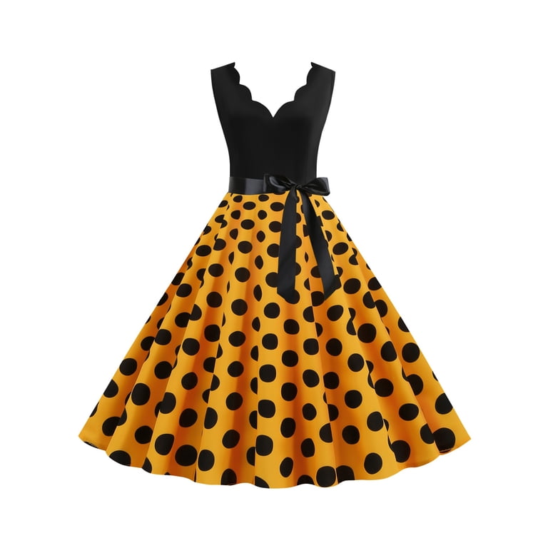 Yellow 50s Pinup Vintage Button Front Polka Dot Summer Tank Dresses Women Evening Party Belted Cotton Midi Dress