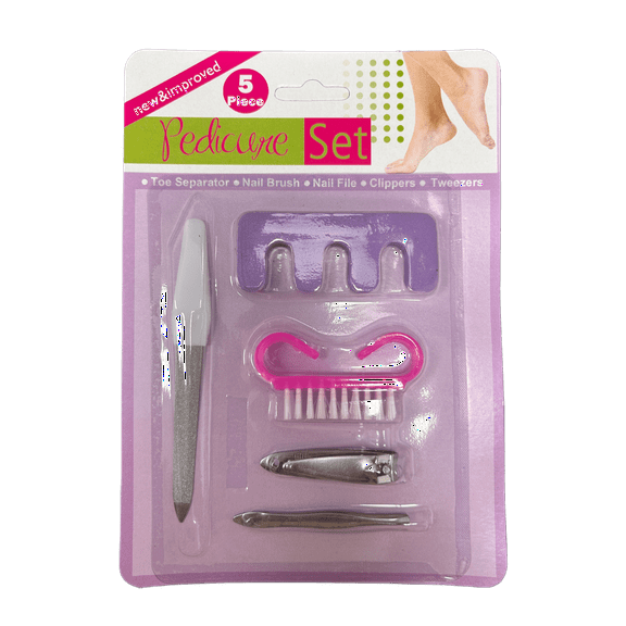 5 Pack Pedicure Set, Nail Clippers, File, Brush, Tweezers, Toe Separator for Salon Quality At Home Pedicures, Assorted Colors, Blister Pack for Easy Storage, Stylish, Complete Kit, Purple