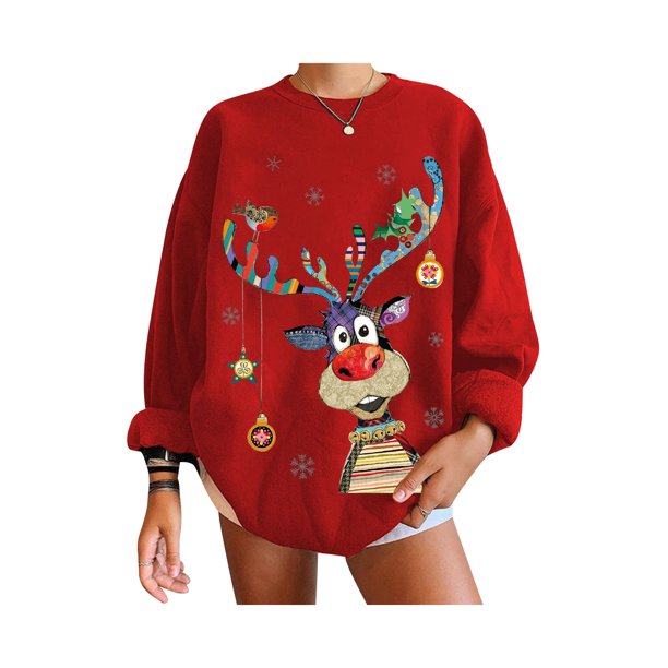 Sudadera para mujer Top de manga larga Casual Estampado de alces Cuello redondo Suelto Navidad Nituyy YX0928-FF82151A3