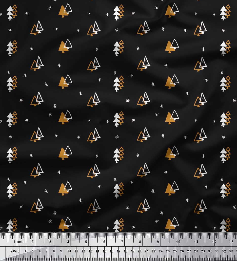 Soimoi Black Poly Georgette Fabric Tree Christmas Printed Fabric 1 Yard 42 Inch Wide