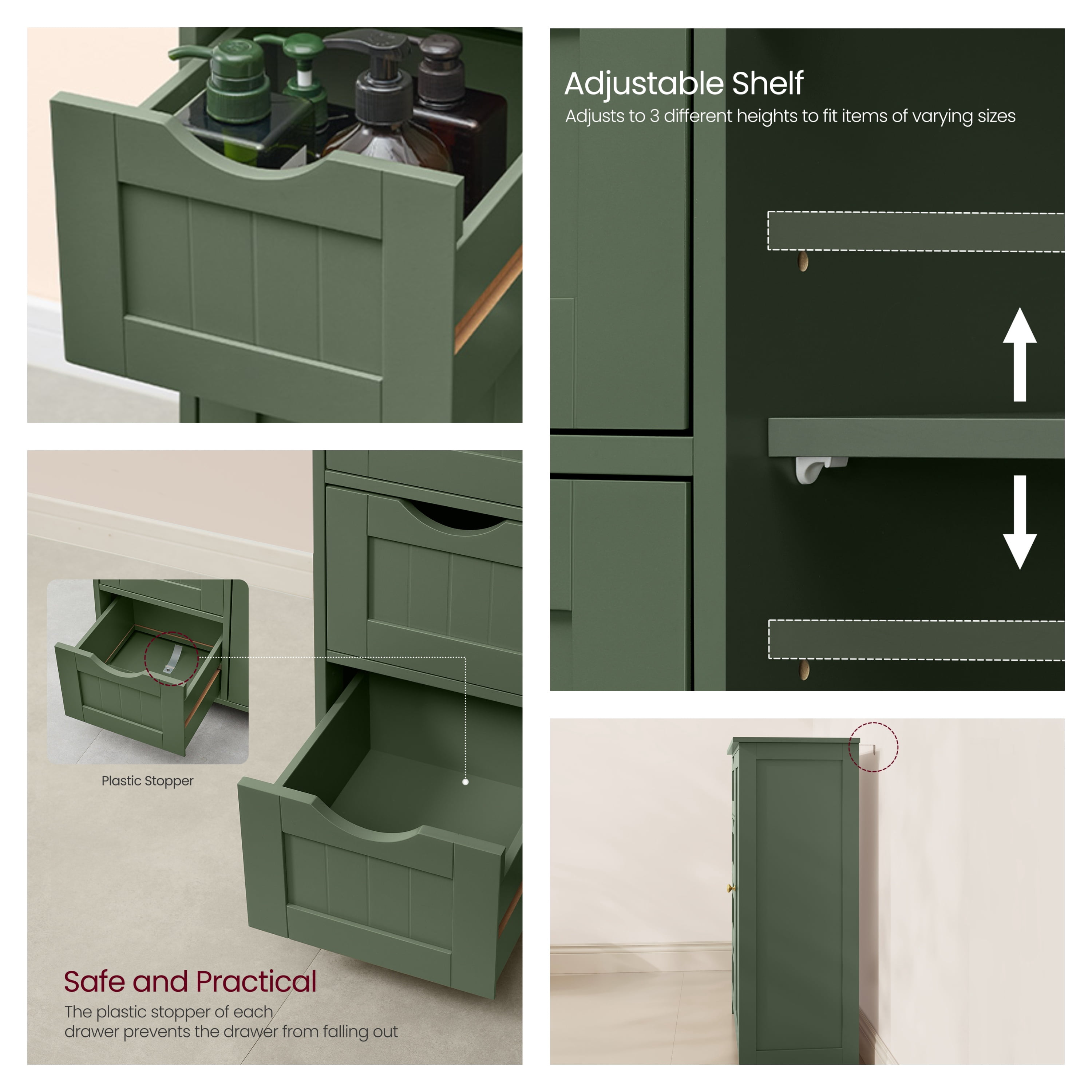 LEDREM Bathroom Floor Cabinet, Wooden Freestanding Side Storage Organizer with 4 Drawers and Adjustable Shelves for Bathroom, Forest Green