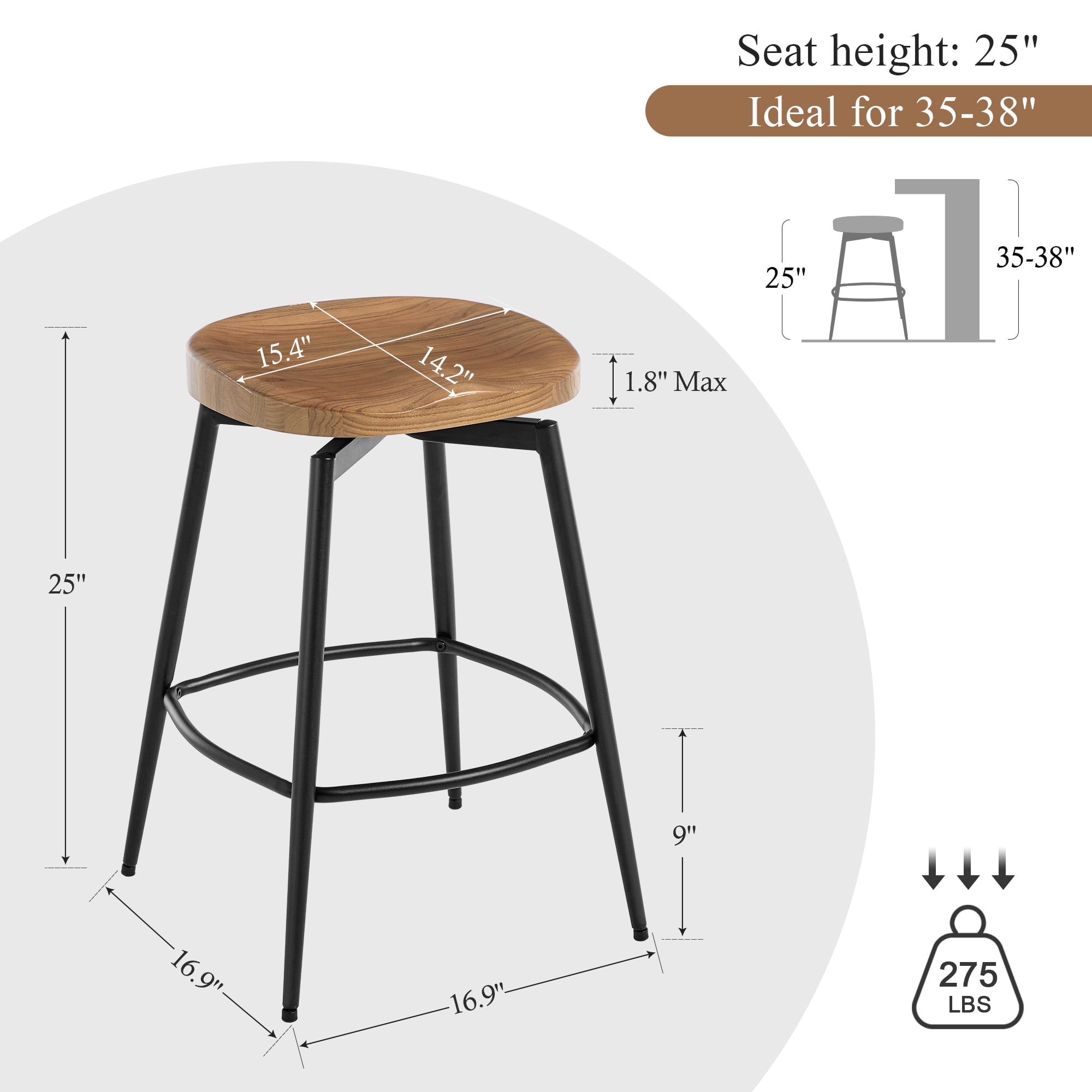 Zesthouse 25″ Swivel Counter Stools Set of 2, Farmhouse Backless Counter Height Bar Stools with Metal Legs, Solid Wood Saddle Seating Barstools for Kitchen Island, Brown
