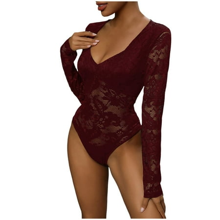 ZHAGHMIN Jumpsuits for Women Sport Long Sleeve Shapewear Bodysuit Lace Corset V Neck Tummy Control Backless Tank Tops Body Suit Thongs Red SizeS