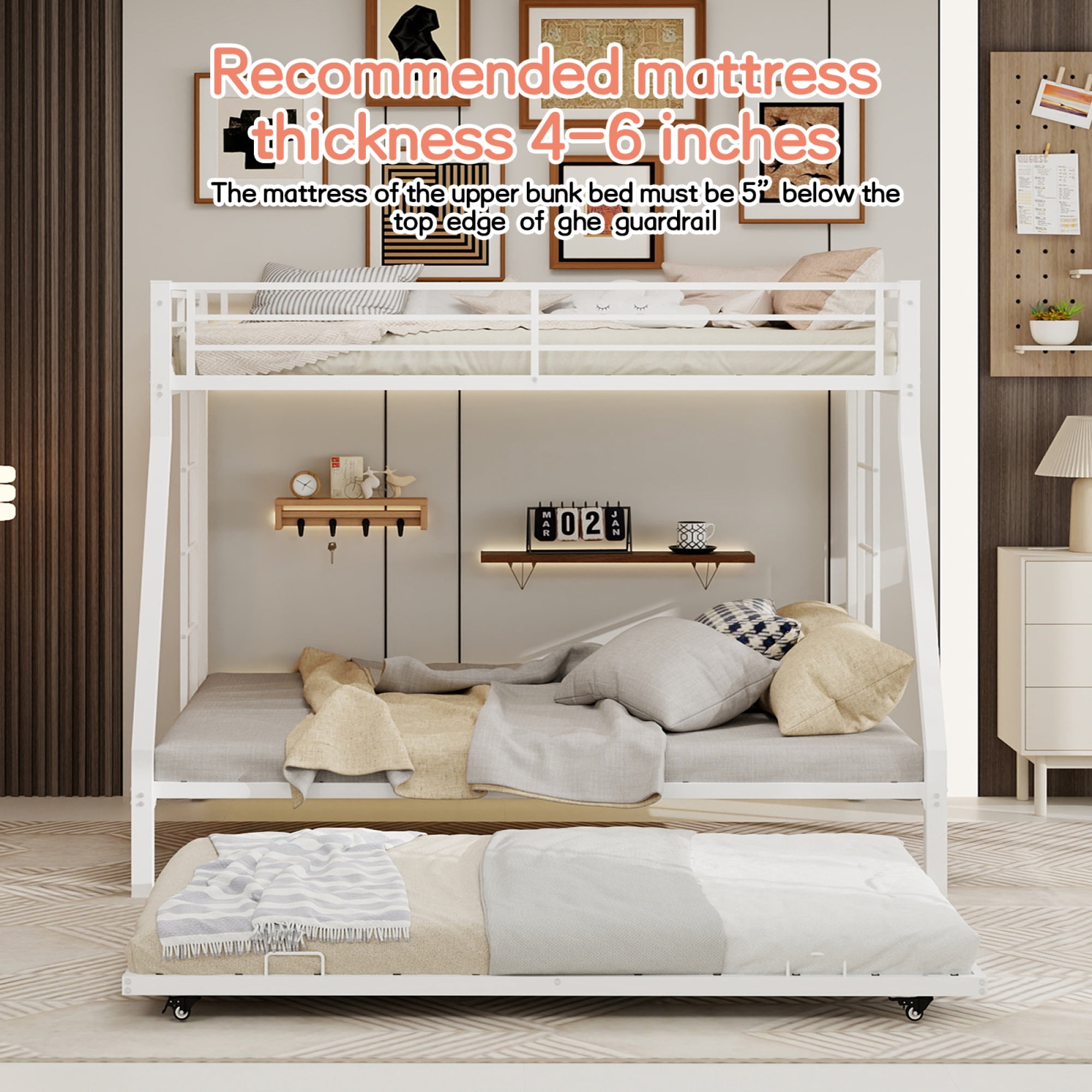 Leumius Metal Twin over Full Bunk Bed with Trundle, Space Saving Bunk Bed Frame with Ladder and Guardrails for Dorm, Apartment,White