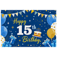 thumbnail image 2 of Blue Themed 15th Birthday Backdrop Banner with Balloons Cake Presents and Stars Background Decoration for Birthday Party Photography Props Decor Happy Birthday Supplies, 2 of 8