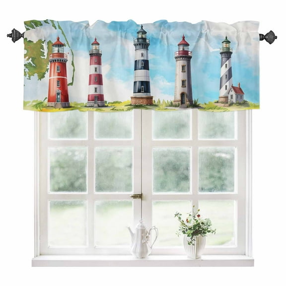 Lighthouse Kitchen Valances for Windows 42x12 Inch Kitchen Curtains Valances Rod Pocket Red Black Summer Oil Painting Ocean Beach Bathroom Window Valances for Window Treatment Decor