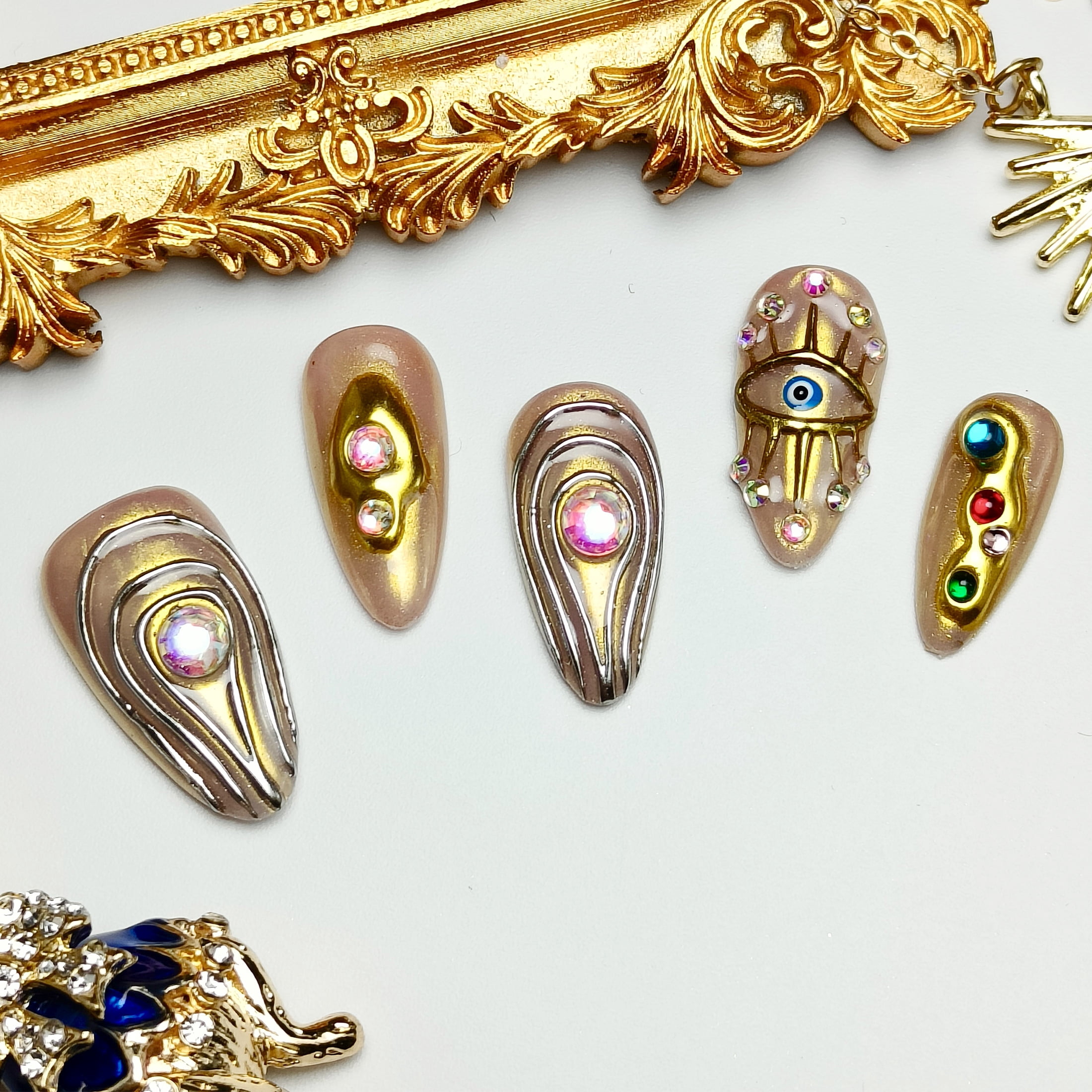 10pcs Almond Medium Handmade Y2K Baroque Press On Nails - Nude Designs, 3D Rhinestones & Gold Accents, Luxury Summer & Independence Day, Goth