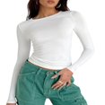thumbnail image 1 of Women‘s Y2K Slim Crop Tops Solid Color Long Sleeve  Neck T-Shirts Basic Tee Yoga Workout Tops, 1 of 6