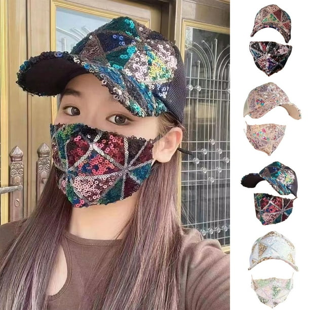 Gorra de Béisbol con Lentejuelas Brillantes y Cubrebocas con Lentejuelas Brillantes | Gorra de Béisbol Ajustable de Malla Transpirable para El Sol | Gorra de Béisbol de Viaje y Gorra con Visera