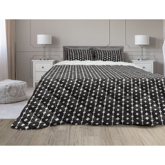 Abstract Comforter & Sham Bedding Set, Essential Rhombus Lines Grungy Splashed Backdrop Geometric Print, 3 pcs Duvet Set Microfiber Filling Quilt, 5 Sizes, Seal Brown and Ivory, by Ambesonne