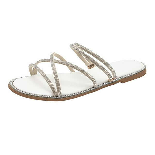 NOKIO Pantoufles Plates pour Femmes Décorées de Strass, Sangle Réglable Chaussures d'Été Décontractées Respirantes Semelle Antidérapante pour Intérieur Extérieur