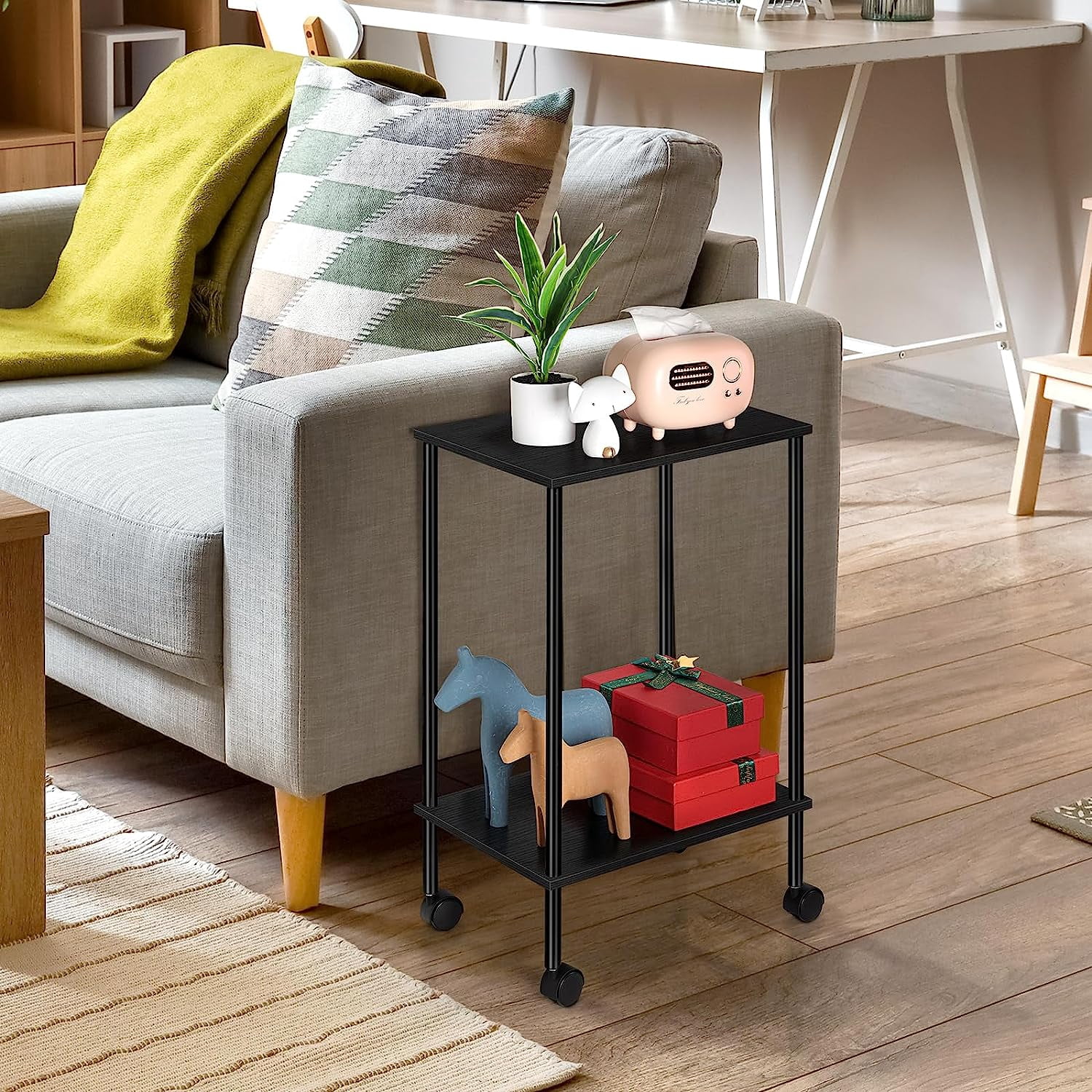 2-Tier Rolling Side End Table, Black Set of 2