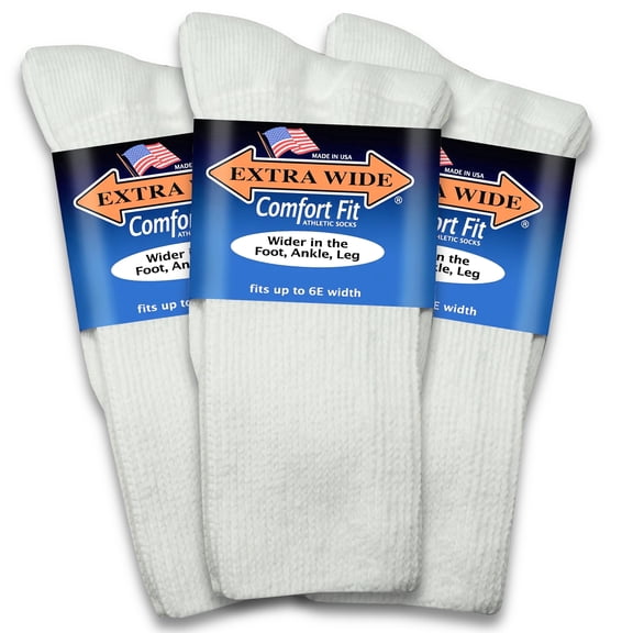 Extra Wide Comfort Fit Athletic Crew (Mid-Calf) White Socks (3 Pairs) for Men and Women, Made in USA.