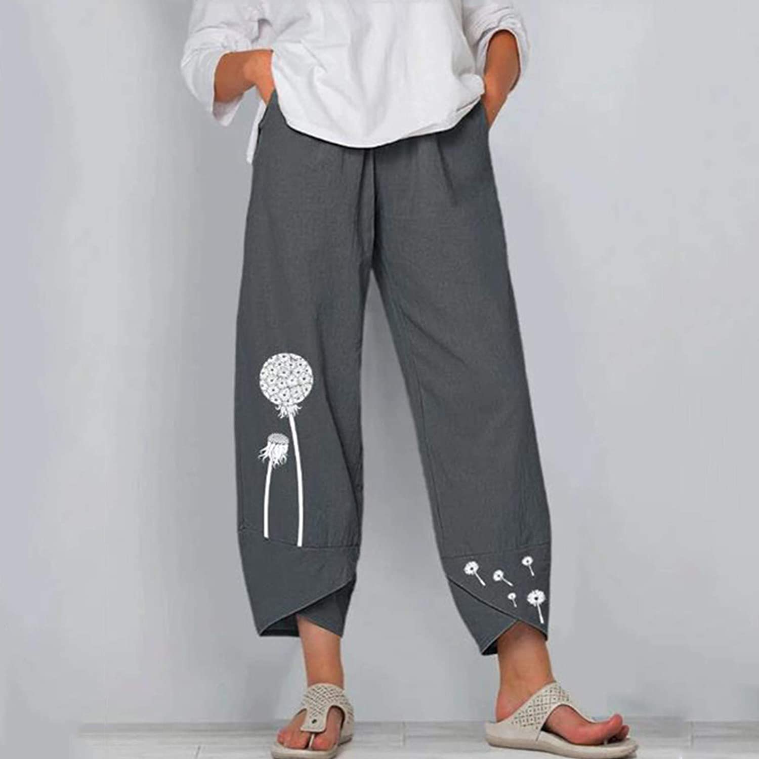 Harem Sweatpants for Women Boho Cotton Linen Capri Pants Y2K Pocket Baggy Pants Pants Elastic Waist Trousers