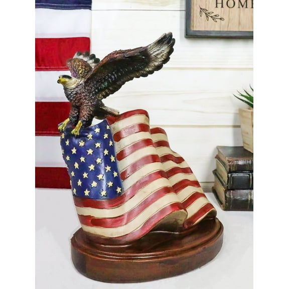 Patriotic Wings of Glory Bald Eagle Perching On American Flag Memorial Figurine