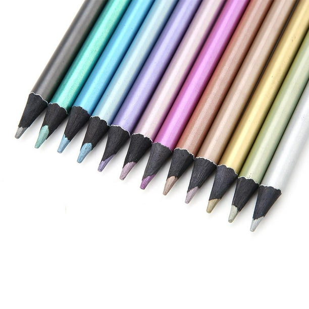 TOPINCN crayon de couleur, 12 couleurs crayons métalliques non toxiques  noir bois crayons de couleur ensemble pour livres de coloriage, dessin Art  couleur ensemble 