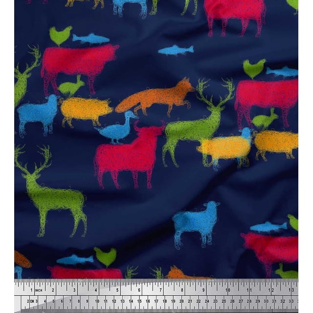 Soimoi Silk Fabric Birds & Animals Hand Drawn Printed Fabric 1 Yard 42 Inch Wide