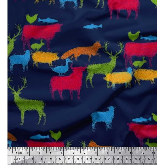 Soimoi Poly Georgette Fabric Birds & Animals Hand Drawn Fabric Prints By Yard 52 Inch Wide