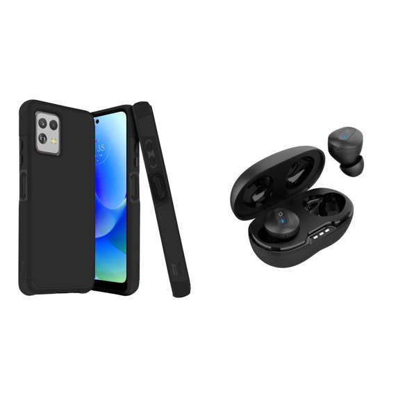 BD Dual Cover Designed for Moto G Power 5G 2023 Case (Black) Shockproof Protector Armor Case with Noise-Cancelling Wireless Earbuds with Charging Case