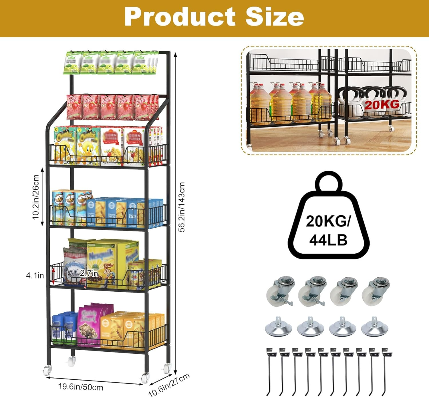 IAJXWI Heavy-duty 4 Tier Retail Display Rack, Metal 56.3" Height Storage Shelf, Candy Snack Rolling Display Shelves with 10 hooks