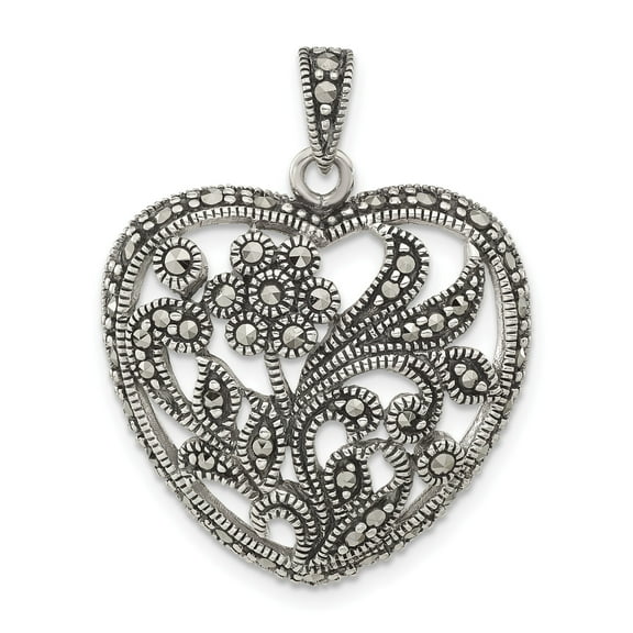 Sterling Silver Heart Pendant for Women with Filigree Floral Design, Vintage Marcasite Necklace, Romantic Oxidized Jewelry for Elegant Fashion and Special Occasions