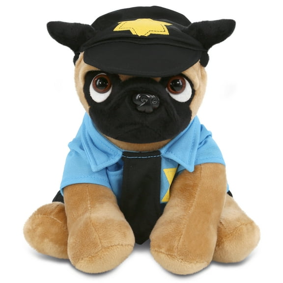 DolliBu Pug Dog Police Officer Plush Toy - Super Soft Pug Dog Cop Stuffed Animal Dress Up with Cute Cop Uniform and Cap Outfit - Fluffy Policeman Toy Plush Gift - 8 Inches