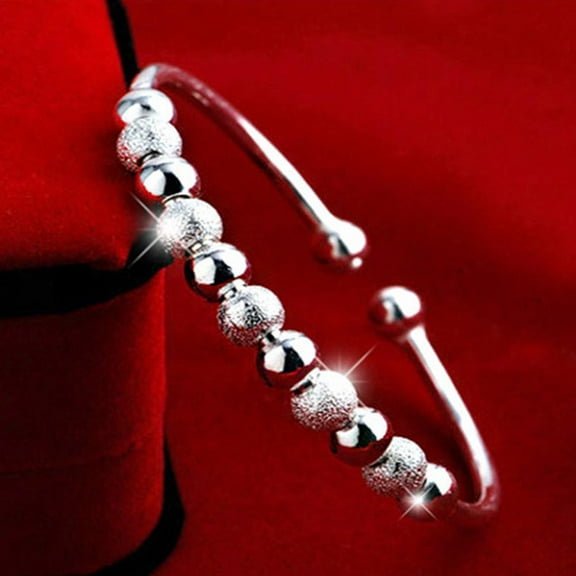 Womens 925 Sterling Silver Bead Ball Love Cuff Bangle Bracelet