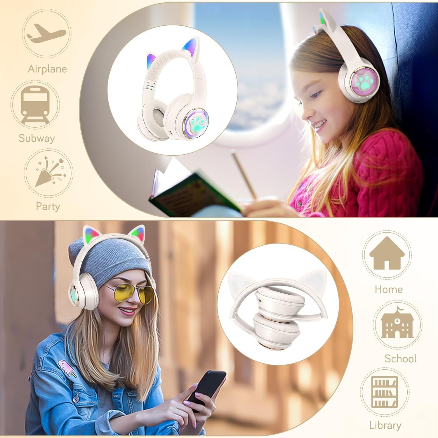 QearFun Cat Headphones for Girls Kids for School, Kids Bluetooth Headphones with Microphone & 3.5mm Jack, Teens Toddlers Wireless Headphones with Adjustable Headband for Tablet/PC-White
