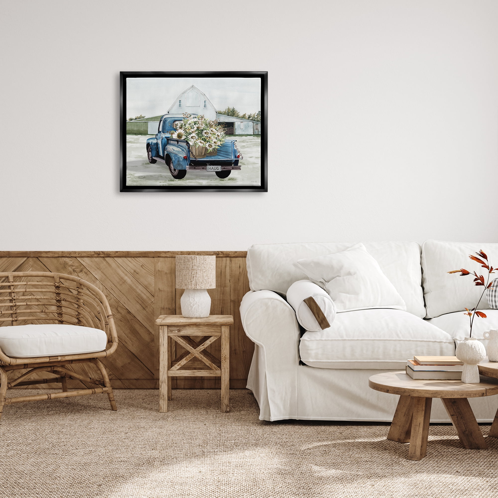 Stupell Industries Sunflower Truck at Farm Transportation Painting Black Floater Framed Art Print Wall Art, 31 x 25