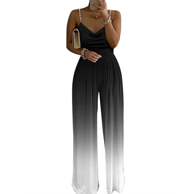 Mono largo para mujer VISgogo Color sólido/estampado/diseño degradado mono de pernera ancha con escote en V con tirantes de perlas VISgogo moda