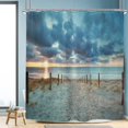 thumbnail image 1 of Riyidecor Ocean Beach Cortina De Ducha 72 Ancho X 72 Alto Puesta De Sol Verano Amanecer Hawaiano Escénico Cielo Azul Mar Fresco Paisaje Arena Decoración Tela Baño 12 Ganchos De Ducha De Plástico, 1 of 5