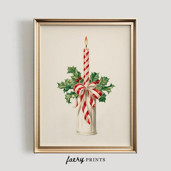 Whitepeak Art Xmas Candle Art Print | Vintage Wall Art | Holiday Art Print | Candy Cane Seasonal Decor | Festive Drawing | #718, Housewarming Present Ideas, 24x36 UNFFRAMED