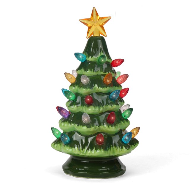 Ceramic Christmas Tree - Tabletop Tree With Lights - (6.75 Inch Small Green Christmas Tree/Multicolored Lights) - Lighted Vintage Ceramic Tree