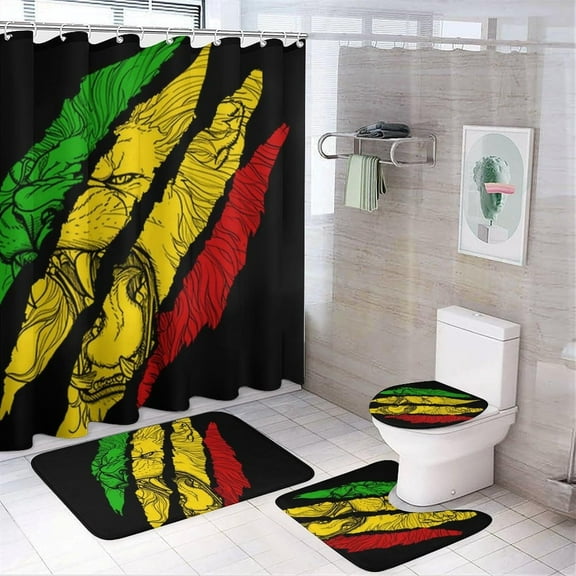 Jamaican Lion 4 Pcs Bathroom Shower Curtain Set,Bathroom Sets with Rugs (Bath Mat,U Shape and Toilet Lid Cover Mat), Bathroom Decor Set