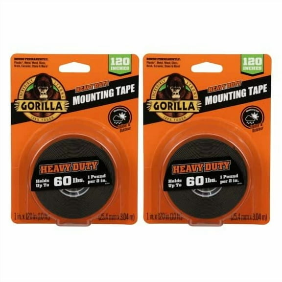 Gorilla Heavy Duty, Extra Long Double Sided Mounting Tape, 1" x 120", Black, Pack of 2