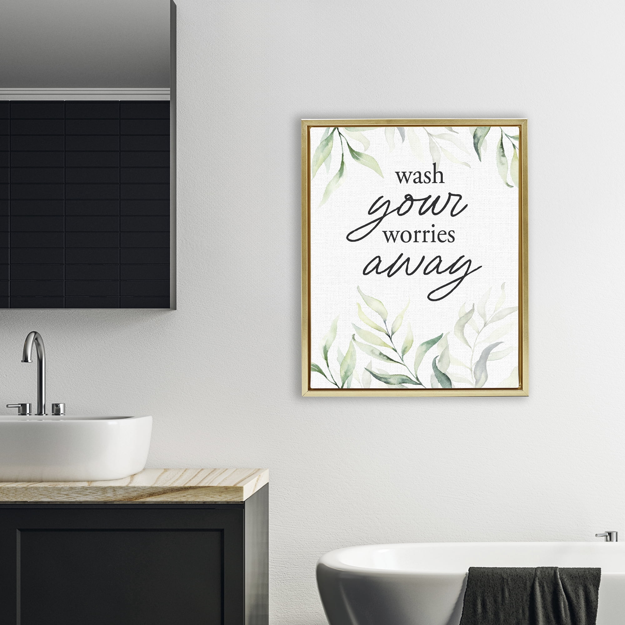 Wash Worries Away Leaves Gold Framed Floater Canvas Wall Art, design by Lettered and Lined