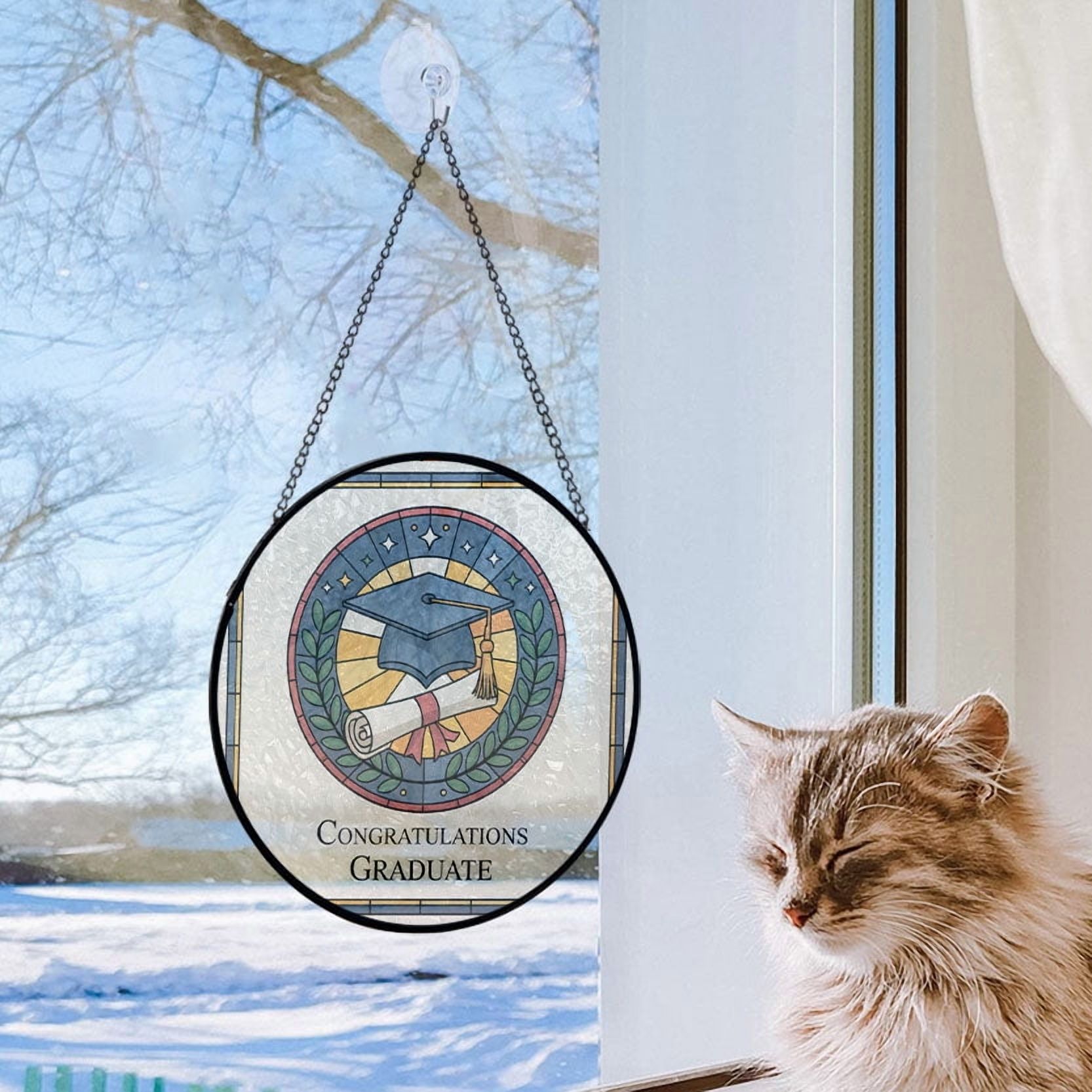 Graduation Cap & Diploma Stained Glass Suncatcher Window Hanging – Custom Text Window Hanging for Man, Woman, Family & Friends, Christmas 2025 Tree Decoration